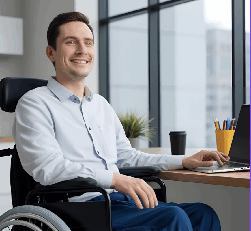 A man in a wheelchair sitting at a desk with a laptop at his job.